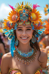 Joyful Woman in Colorful Floral Headdress and Traditional Costume at Lively Outdoor Festival