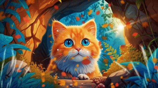 Cute cat under the tunnel in the middle of the forest, smooth looping video and 4K animation 