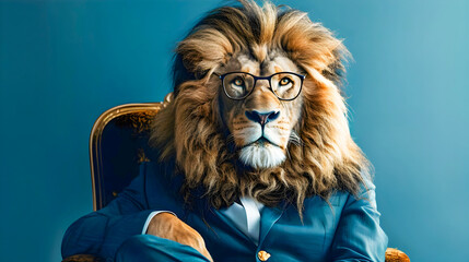 Elegant and powerful lion dressed in a business suit with glasses sitting confidently on a throne against a vibrant blue background creating a captivating and sophisticated portrait