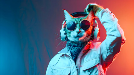 Futuristic fantasy character with a cat head wearing sunglasses headphones and a white jacket listening to music against a vibrant colorful backdrop with copy space