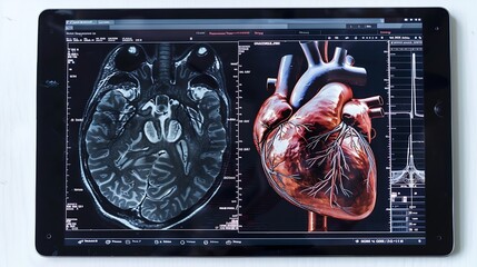 Cardiac MRI images  on Tablet are instrumental in assessing cardiac health identifying heart abnormalities isolated on white backgroundClipping path : Generative AI