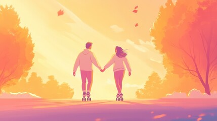 Fototapeta premium A romantic sunset scene featuring a couple roller skating hand in hand, surrounded by vibrant nature and warm colors.