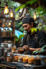 Barista Crafting Coffee in a Rustic Café with Warm Lighting and Natural Elements