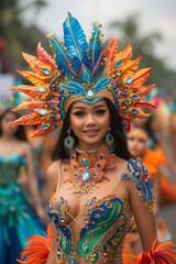 Vibrant Carnival Performer: Asian Woman in Elaborate Feathered Headdress and Colorful Costume, Showcasing Festive Spirit and Cultural Celebration in Street Parade