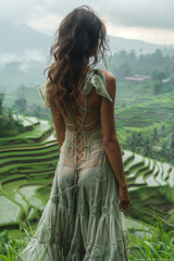 Serene Landscape Reflection: Woman in Bohemian Dress Overlooking Lush Green Rice Terraces, Embracing Tranquility and Natural Beauty in Countryside Setting