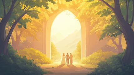 A pathway through an enchanted archway, bathed in soft light, inviting a sense of wonder and tranquility.