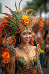 Smiling Woman in Elaborate Traditional Costume with Feathers at Cultural Festival Parade