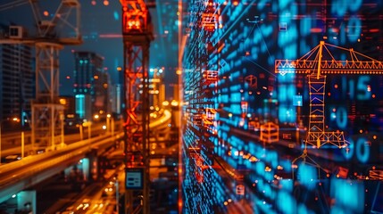 Image of financial data processing over crane and construction site global development business finance digital interface and data processing concept digitally generated image : Generative AI