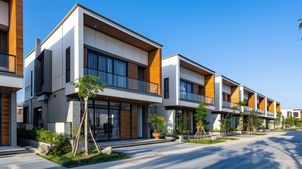 The row of Just finished modern houses with blue sky backgrounds and copy space the architectural design of the exterior The concept for Sale Rent Housing and Real Estate : Generative AI