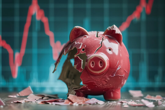 Broken Piggy Bank with Stock Market Graph in Background Representing Financial Crisis and Economic Downturn