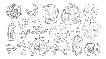 Set of isolated Halloween decoration elements in cute doodle hand-drawn graphic illustration style on transparent background, Volume 4: Black outline