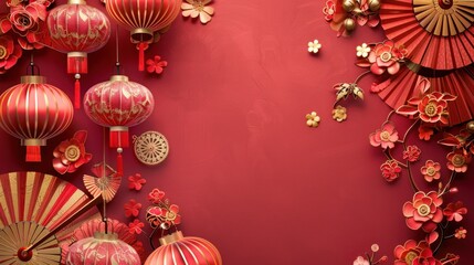 Chinese New Year Celebration Decor with Red Lanterns and Flowers