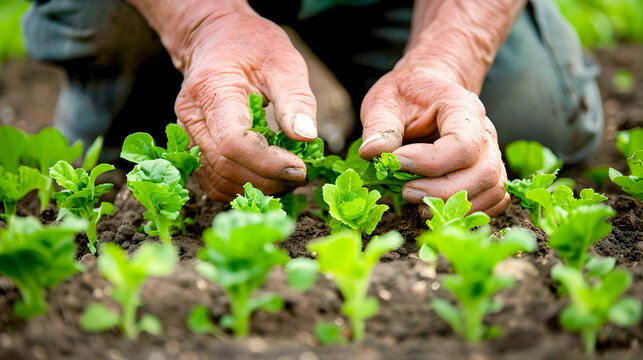 Close up of a gardener s hands gently planting young lettuce seedlings in rich fertile soil  The image represents the care and attention required to cultivate healthy