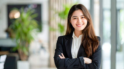 Fototapeta premium Confident and Smiling Young Female Business Founder Stands in Suit Welcoming and Gesturing Invitation to Visitors or Employees in Corporate Office Environment
