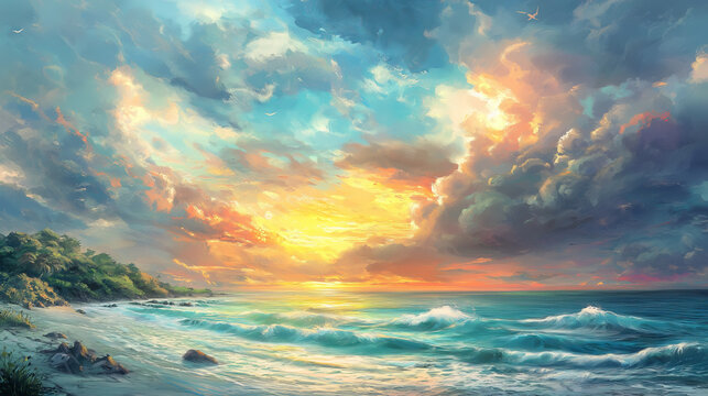 Tranquil beach at golden hour with dramatic clouds and rolling waves.
