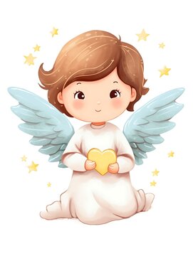recommend clip art: Cute Angel Holding Heart With Stars Around