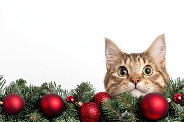 Obraz premium a kitten peeking out from a pile of Christmas decorations, holiday decorations element, festive surprise illustration, seasonal, isolated on white background