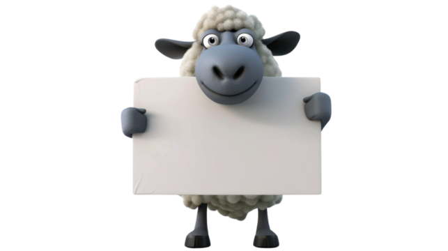 Cute cartoon sheep character holding a blank sign on transparent background