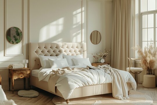Luxurious boxspring bed in an elegant bedroom with soft pastel walls, neutral and light brown tones, white bedding, wooden furniture, large windows with natural sunlight, and stylish home decor