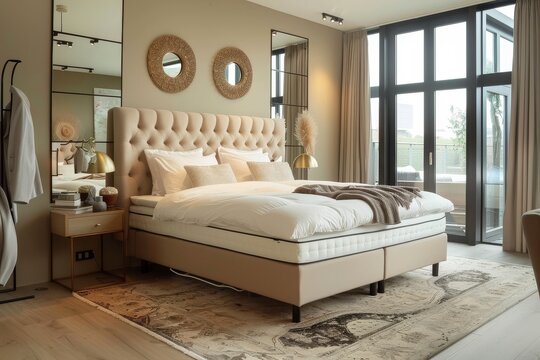 Luxurious boxspring bed in an elegant bedroom with soft pastel walls, neutral and light brown tones, white bedding, wooden furniture, large windows with natural sunlight, and stylish home decor