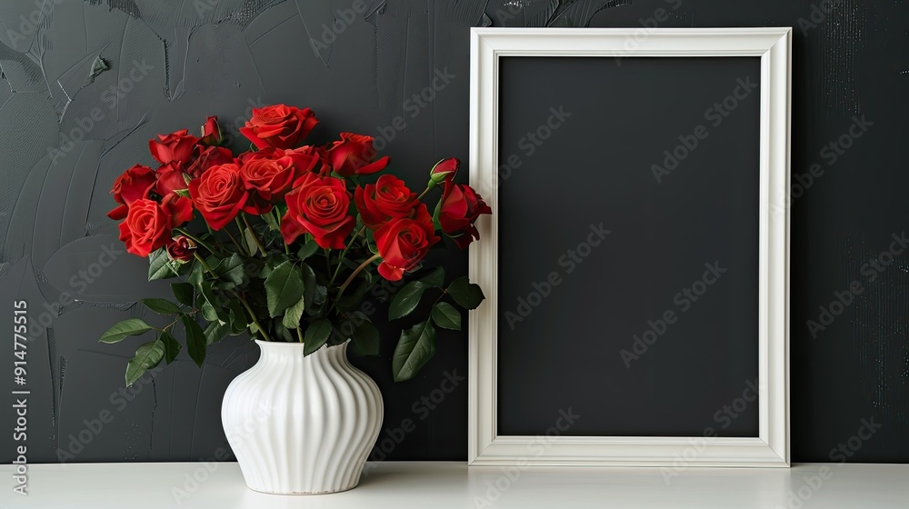 Wall mural red roses in a white vase against a dark background