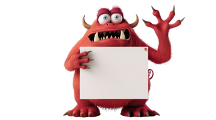 Cartoon red monster character holding a blank sign on transparent background