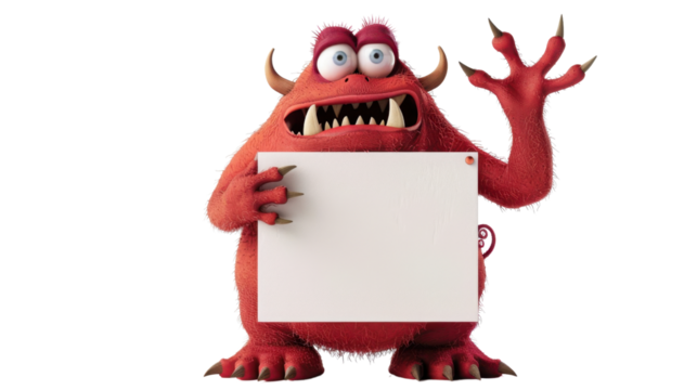 Cartoon red monster character holding a blank sign on transparent background