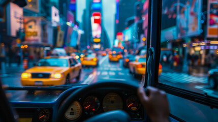 Bus driver's perspective navigating through busy city streets