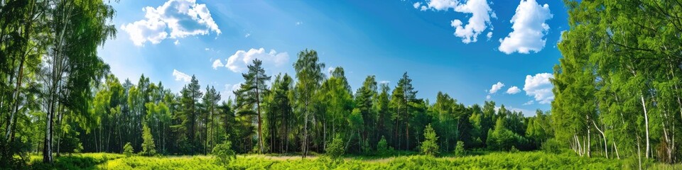 Fototapeta premium Tranquil summer forest with lush greenery under clear blue skies exuding natural beauty