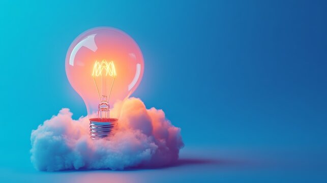 Light bulb glowing on a fluffy cloud