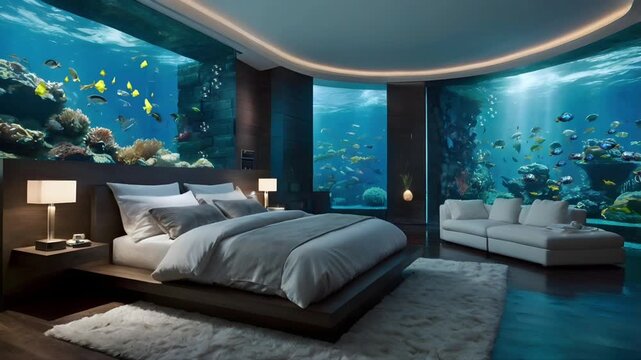 The bedroom is inside a giant aquarium. There are several colorful fish swimming freely. Seamless 4K looping timelapse video animation generated AI
