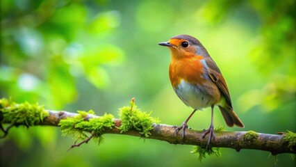 Robin perched on a tree branch in a lush green forest , wildlife, nature, bird, songbird, feathers, small, cute, outdoors