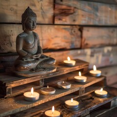 Fototapeta premium Buddha on wood surrounded by candles for offerings or worship