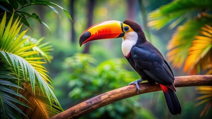 Naklejka premium Toucan perched on a tree branch in a tropical forest, toucan, bird, branch, colorful, exotic, wildlife, nature, tropical, vibrant