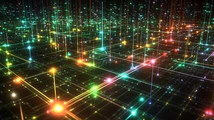 Obraz premium A high-resolution visualization of a technology ecosystem, focusing on the interconnected nodes that form the foundation of modern digital networks. The image features bright, glowing nodes connected