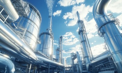 Visionary Hydrogen Power Industrial Zone: Futuristic Clean Energy Hub with Massive Steel Tanks and Pipelines. Sustainable Manufacturing Facilities Powered by Hydrogen Plant. Wide-Angle 4K Wallpaper fo