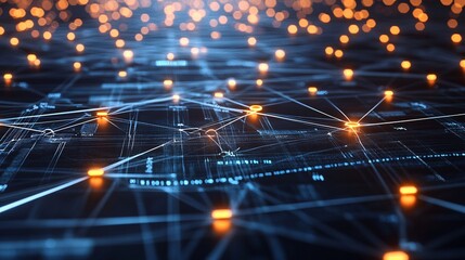 Fototapeta premium A dynamic and high-tech visualization of a technology ecosystem, showcasing the interconnected nodes that form the backbone of modern digital networks. The image features numerous glowing nodes