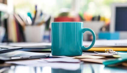 Fototapeta premium Blue Mug on a Cluttered Desk