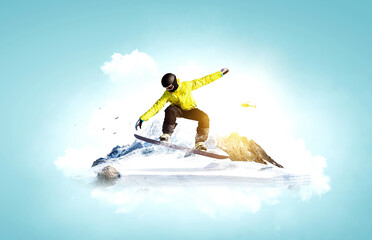 Snowboarder and Alps landscape . Mixed media