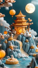 Fototapeta premium Chinese traditional festival, Mid-Autumn Festival, illustration, miniature landscape, moon rabbit and mooncake island