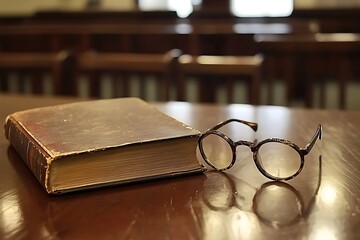 A Book and Glasses on a Wooden Table