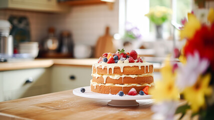Homemade birthday cake in the English countryside house, cottage kitchen food and holiday baking recipe inspiration