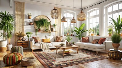 Bohemian-inspired white living room with eclectic decor, bohemian, white, living room, eclectic, decor, interior design