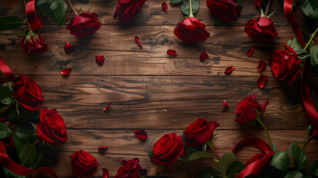  Romantic floral frame with red roses and ribbon on wooden background,copy space for text.
