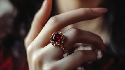 The ring is made of ruby gemstones on a womans hand elegant and beautiful : Generative AI