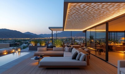 Obraz premium Modern and Elegant Lounge Area with Wood Flooring, LED Lighting, and Desert View at Dusk