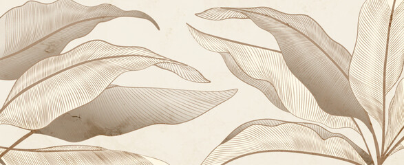 Botanical abstract art background with tropical beige leaves with hand drawn line elements. Vector banner for decor, print, wallpaper, cover, packaging, social media.