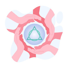 Flat style illustration of healing hands with symbol 