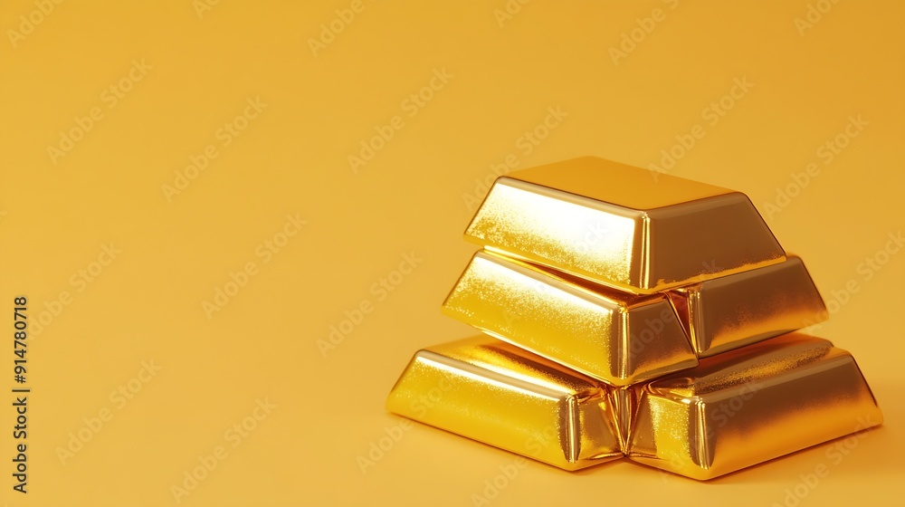 Poster stack of shiny gold bars on color background closeup : generative ai