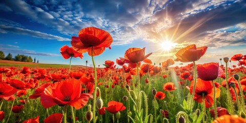 Obraz premium Vibrant red poppies in a field under the sun, flowers, spring, vivid, nature, meadow, petals, blossoms, landscape, botanical, blooming